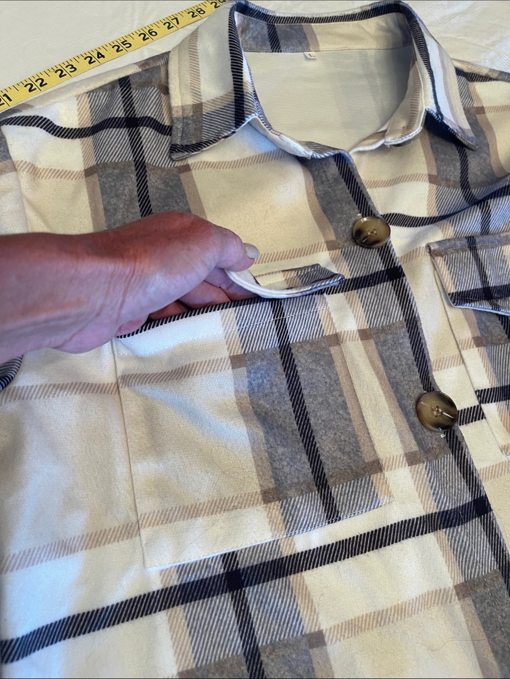 Long Plaid Shacket Coat in Cream & Gray - Picture 9 of 10
